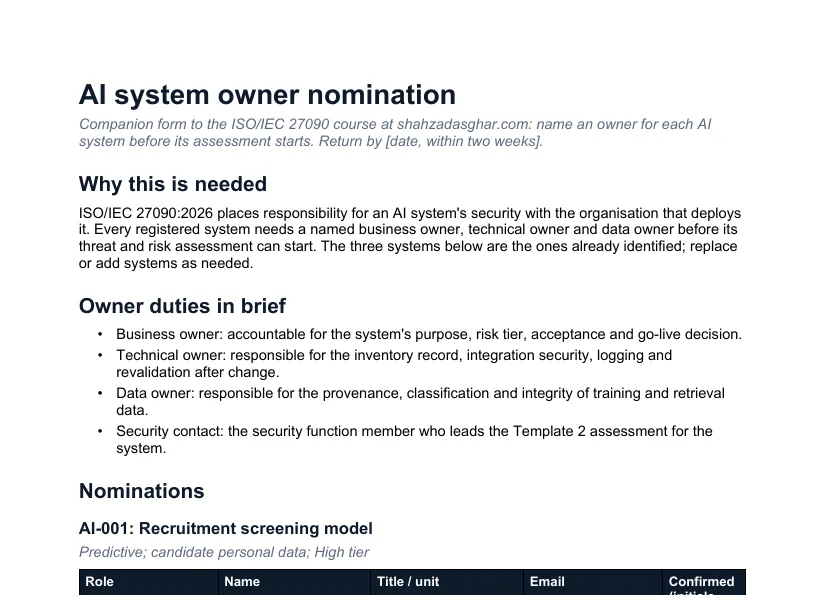 First page of the AI system owner nomination form