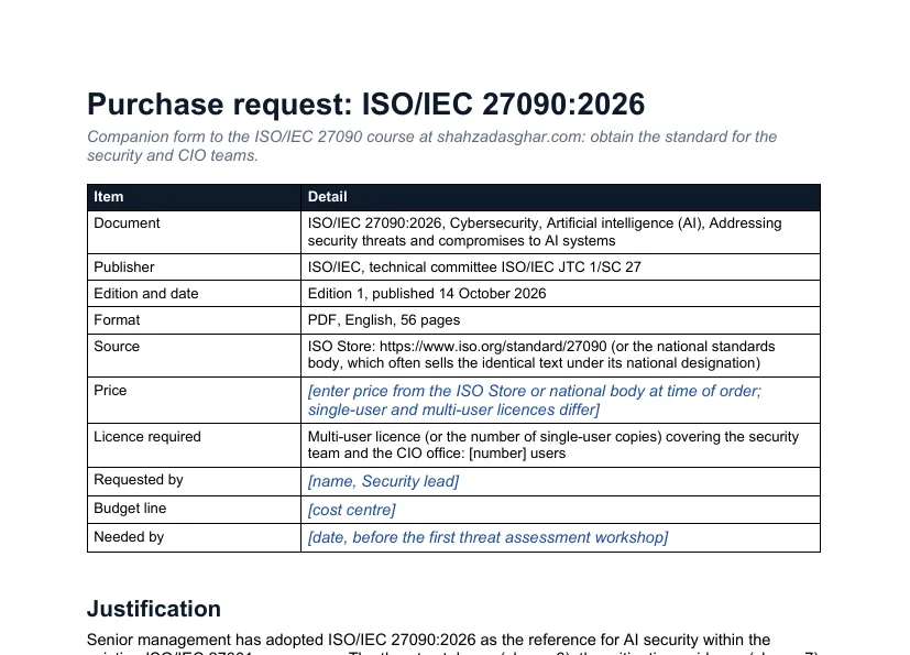 First page of the purchase request form for ISO/IEC 27090:2026