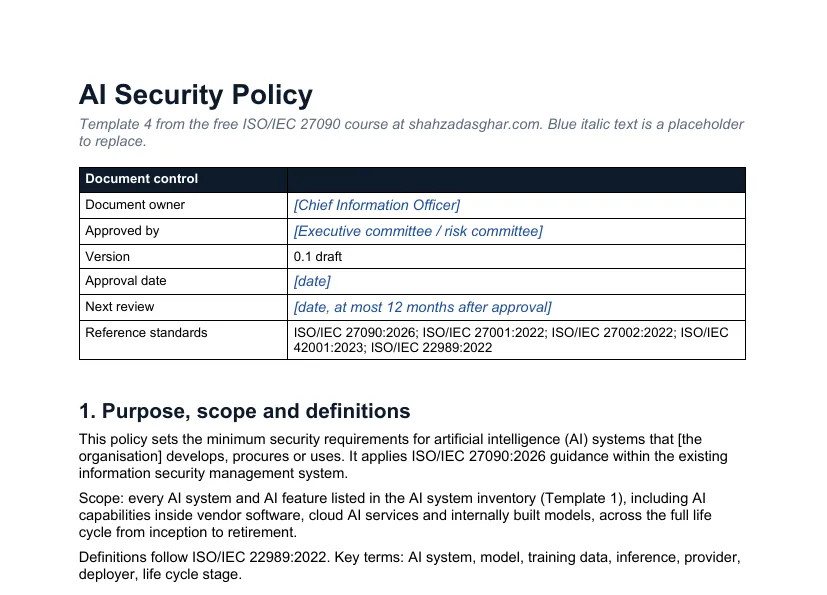 First page of the ISO/IEC 27090 AI security policy template with document control block and purpose section